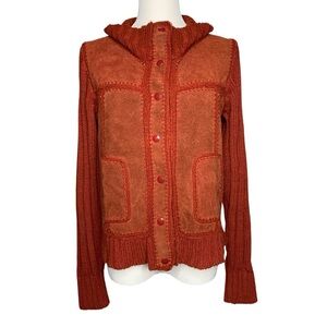 Vintage 70s Orange Suede Knit Crochet Jacket Bohemian Earthy Hippie Retro Twee